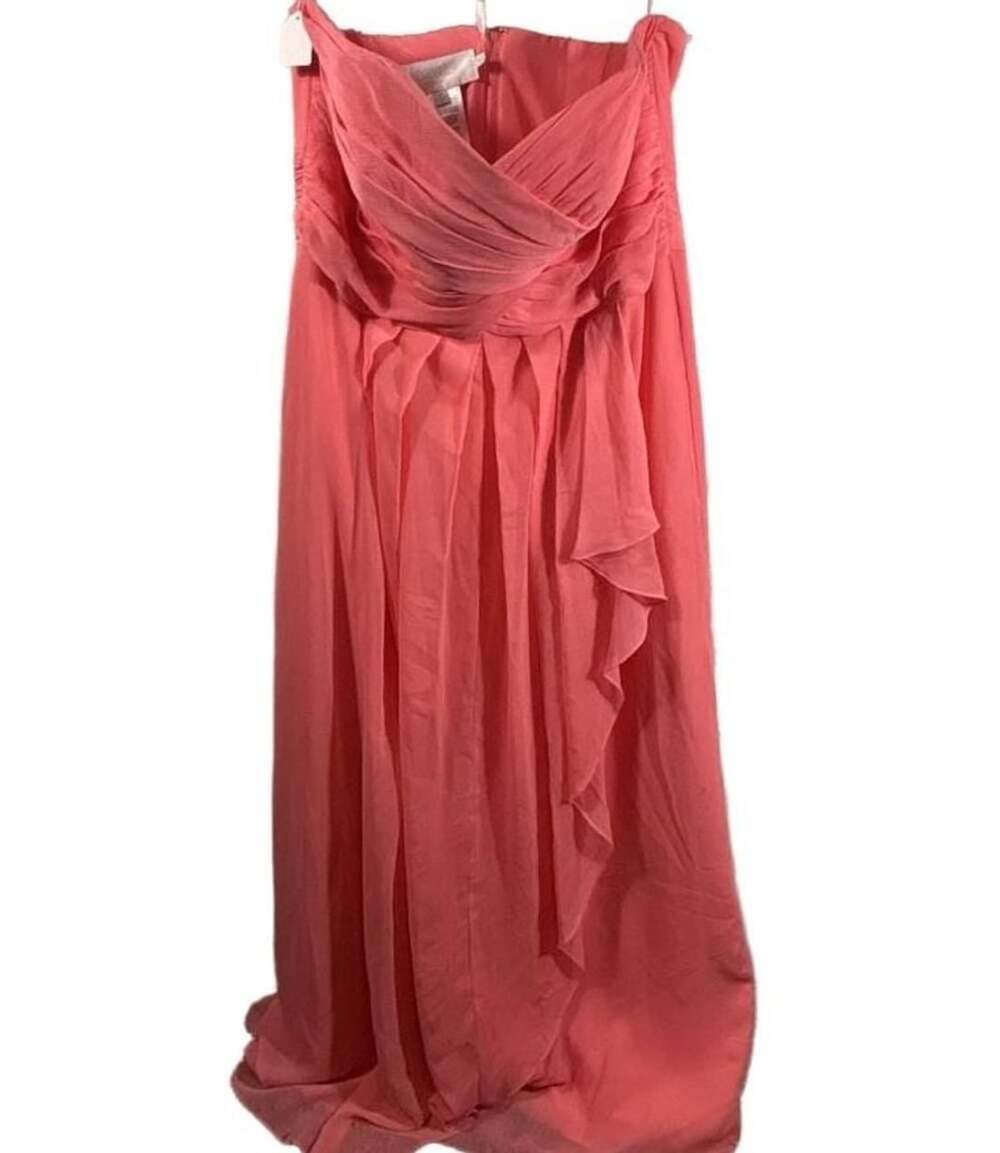 David's Bridal Coral Crinkle Chiffon Strapless Bridesmaid Dress